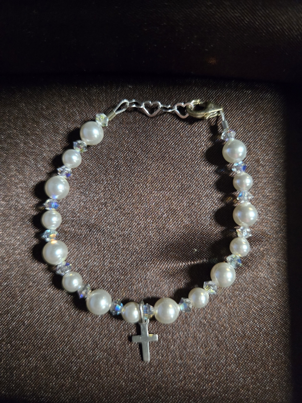 Pearl and Crystal Cross Bracelet - White Pearls with Silver Cross